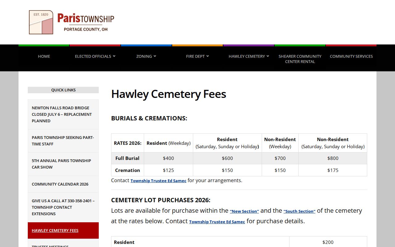 Paris Township previous residents Hawley Cemetery fees and services