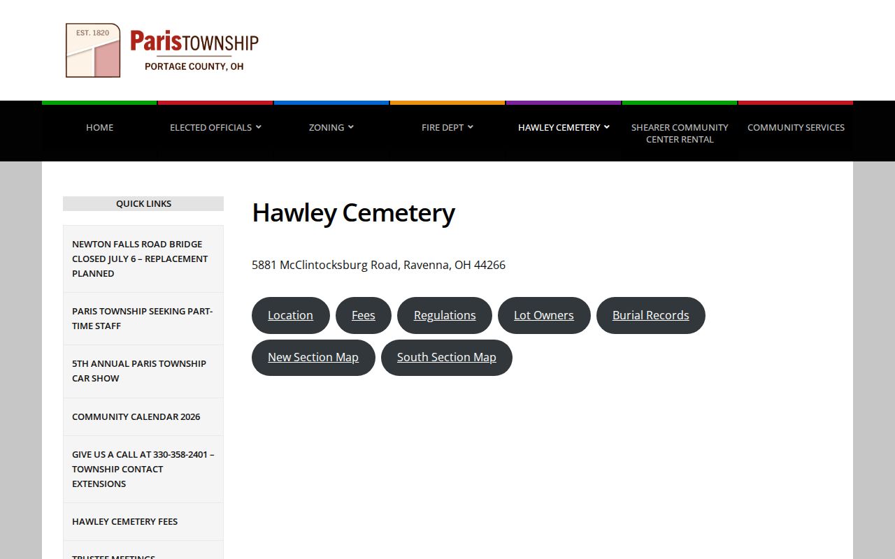 Paris Township previous residents Hawley Cemetery records hub