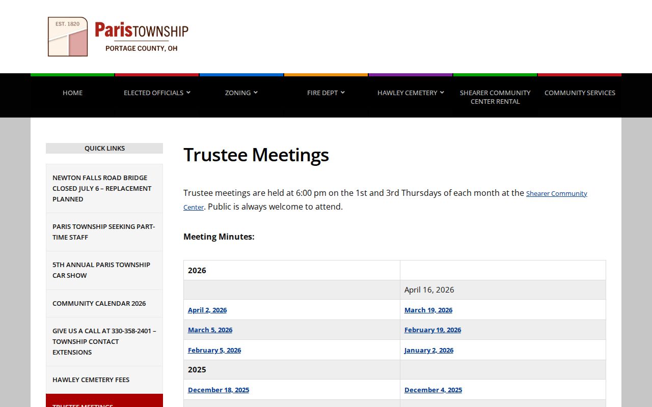 Paris Township previous residents trustee meeting records page