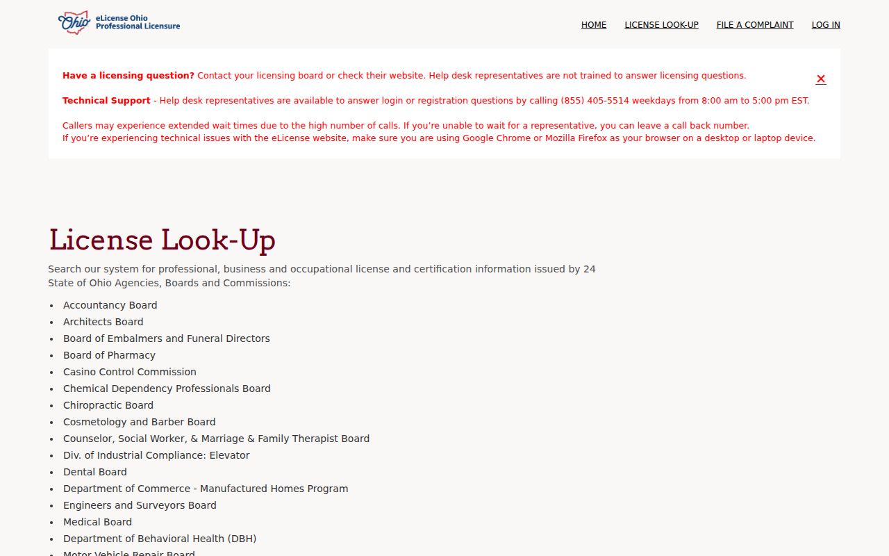 Paris Township resident lookup Ohio eLicense verification screen