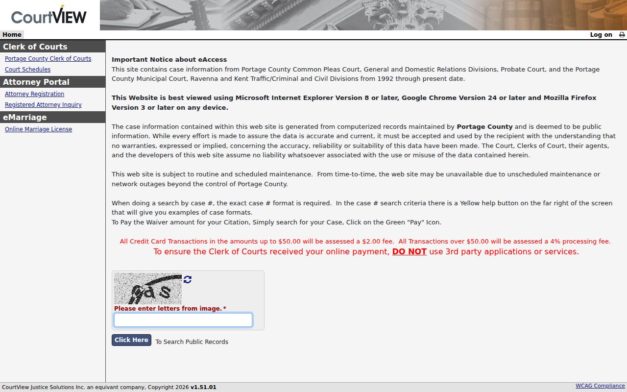 Paris Township resident lookup Portage CourtView search screen