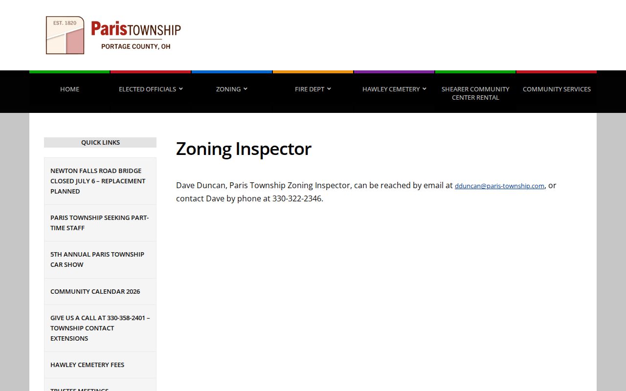 Paris Township street directory township zoning inspector page